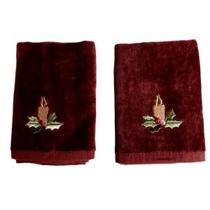2 Christmas Bathroom Decor Washcloths Metallic Brown Green Candle Bath Cloths